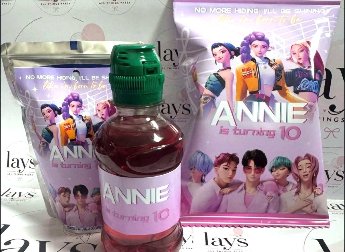 K-pop themed chip bags, pouch and drink bottle label set for a 10th birthday