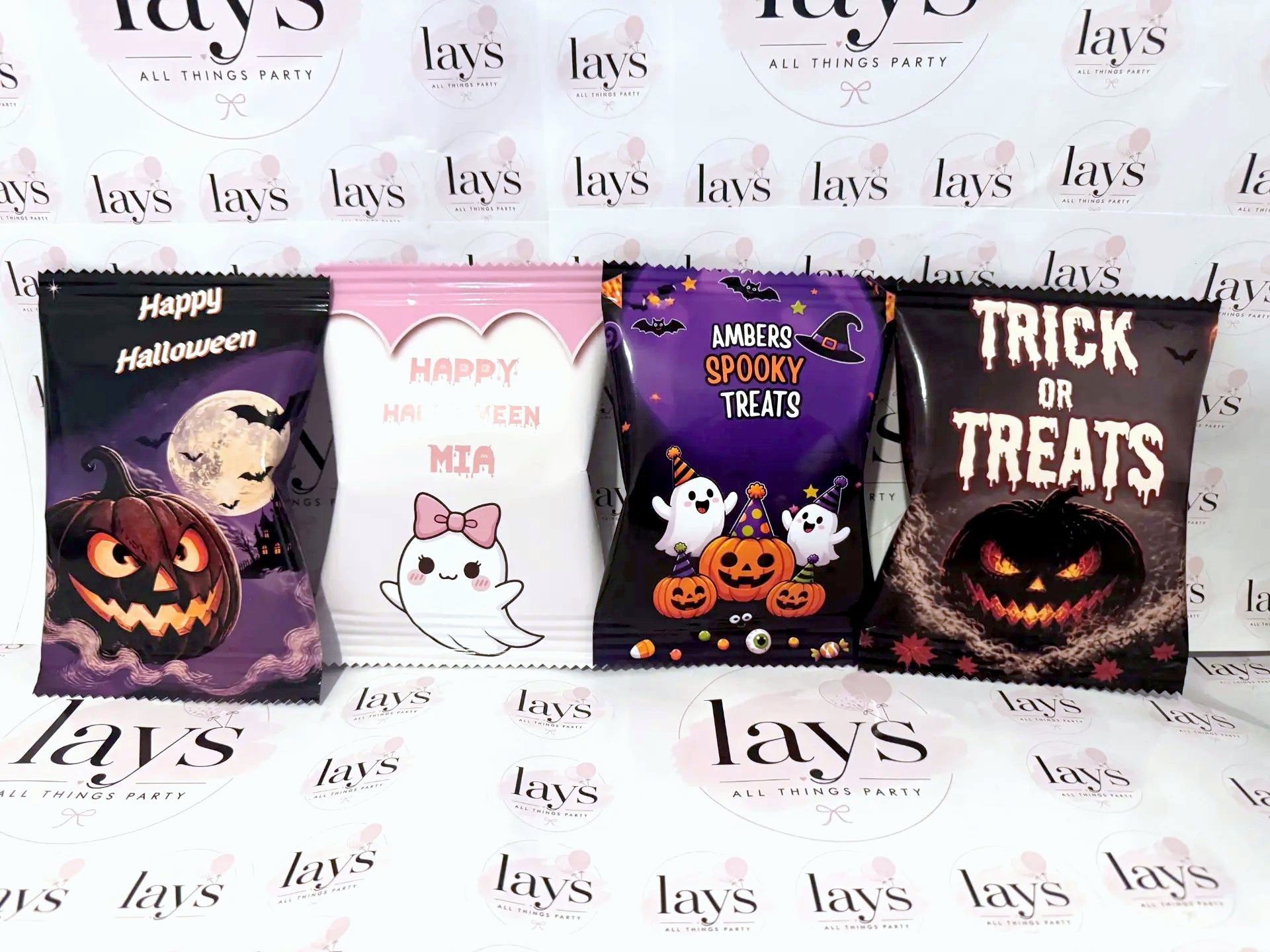 Halloween themed personalised chip bags with pumpkins, ghosts and bats