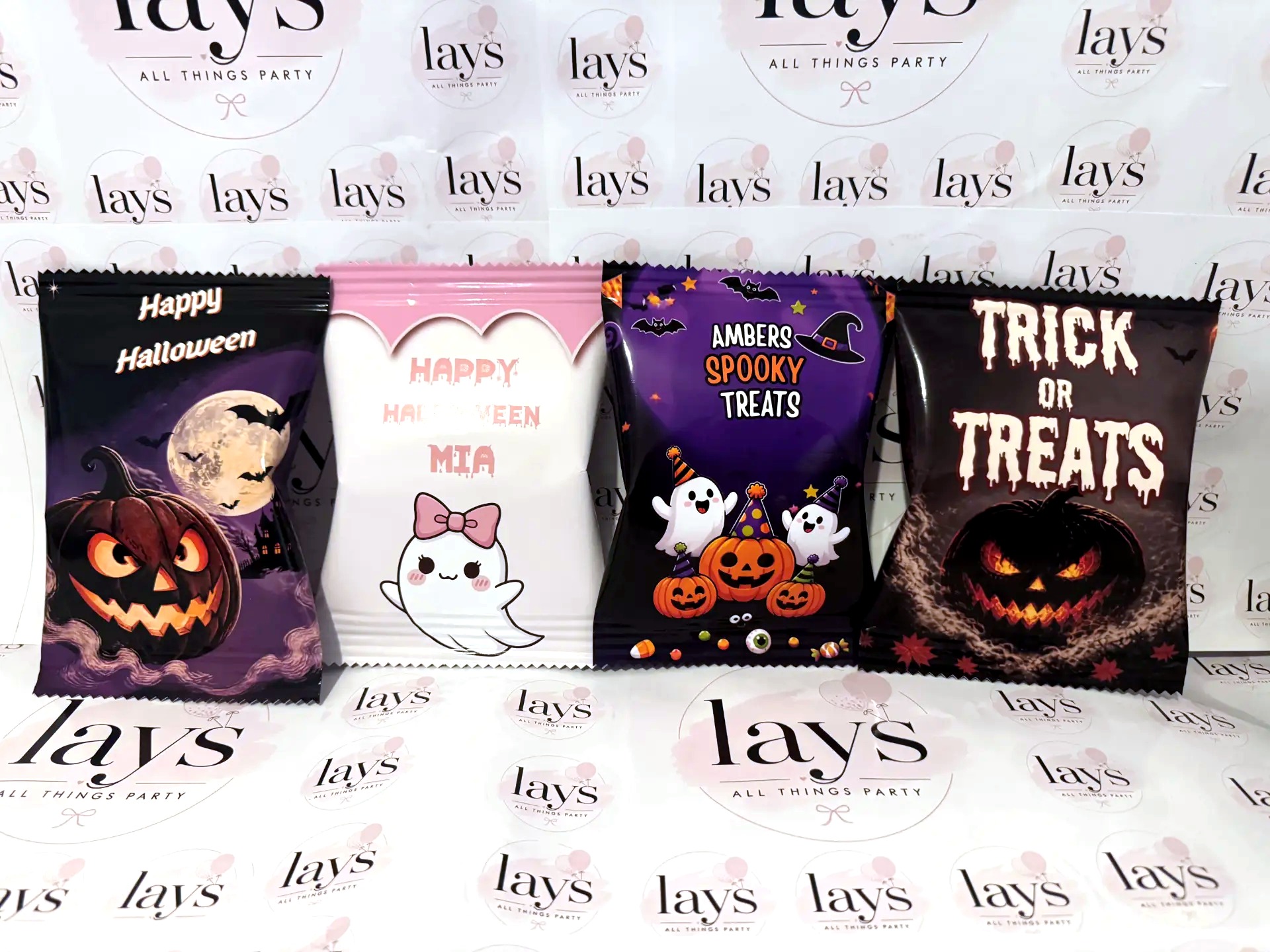 Halloween themed personalised chip bags with pumpkins, ghosts and bats