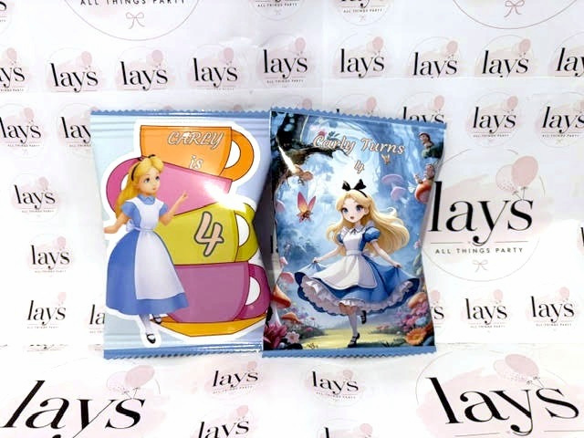 Alice in Wonderland themed chip bags for Carly's 4th birthday