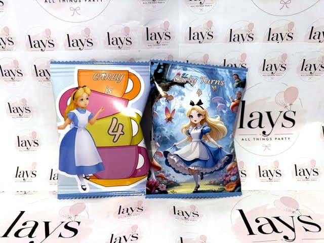 Alice in Wonderland themed chip bags for Carly's 4th birthday